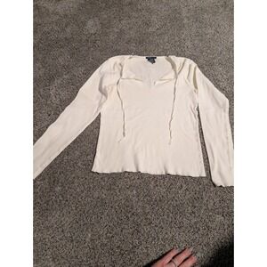 Y2K GAP Womens Cream Ribbed Long Sleeve Tie Neck Top Size S